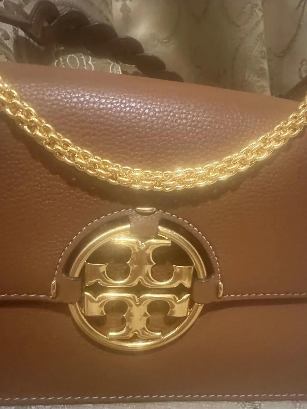 Tory Burch Brown Leather Shoulder Bag with Gold Chain Emblem